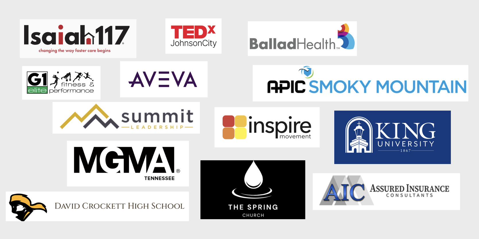 Logos of organizations Stephen has worked with: Isaiah 117, TEDx Johnson City, Ballad Health, G1 Elite Fitness & Performance, AVEVA, APIC Smoky Mountain, Summit Leadership, Inspire Movement, King University, MGMA Tennessee, The Spring Church, Assured Insurance Consultants, and David Crockett High School